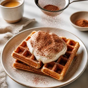 Warm espresso waffles topped with mascarpone cream and cocoa.