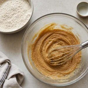 Brown butter and sugar mixture in a mixing bowl