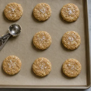 Coconut cookie dough disks spaced on parchment