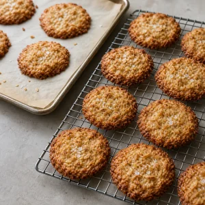 Coconut cookies cooling on a wire rack