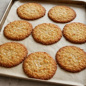 Freshly baked coconut cookies with deep golden edges