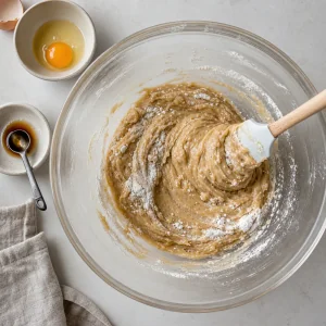 Glossy cookie dough with flour partly folded in