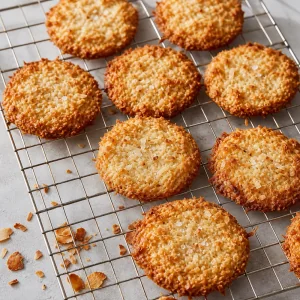 Golden coconut brown butter cookies on a cooling rack
