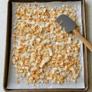 Lightly toasted coconut flakes on a baking sheet