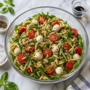Finished orzo salad with final seasoning bowls nearby