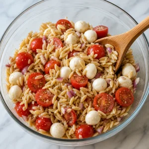 Tomatoes and mozzarella folded into dressed orzo