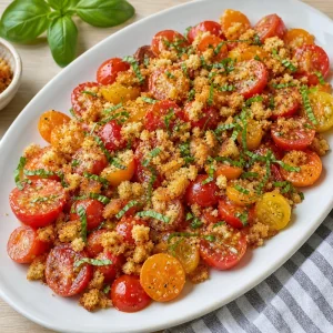 Dressed tomatoes topped with crushed croutons and basil