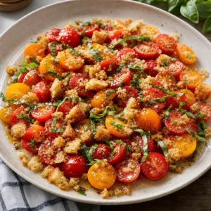 Finished tomato salad with crushed croutons and basil