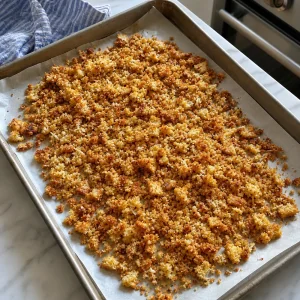 Golden toasted bread crumbs cooling on a baking sheet