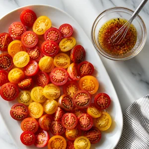 Halved tomatoes arranged beside a bowl of vinaigrette