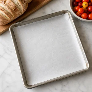 Parchment-lined baking sheet ready for bread crumbs