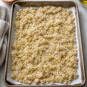 Seasoned bread crumbs spread on a baking sheet