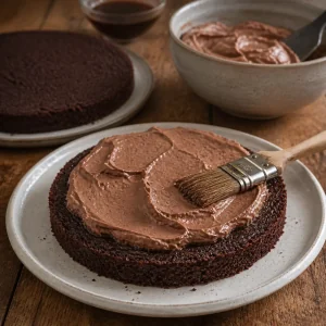 Chocolate cake layer brushed with espresso syrup and mousse
