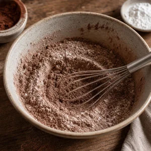Cocoa flour mixture whisked in a ceramic bowl