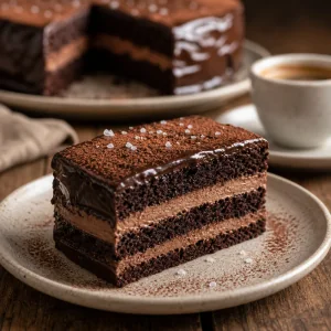Finished chocolate espresso layer cake dusted with cocoa