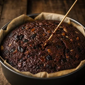 Gebackener schwarzer Fruechtekuchen mit Holzstaebchen geprueft