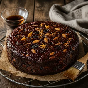 Abgekuehlter dunkler Fruechtekuchen auf einem Gitter mit Rum bestrichen