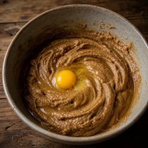 Ei in glattem braunem Fruechtekuchenteig