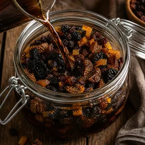In Rum eingelegte Trockenfruechte und Orangenschale im Glas