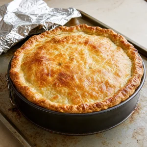 Golden baked spinach pie in a springform pan