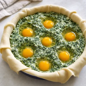 Spinach filling with six raw eggs in pastry