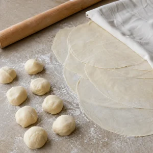 Thin pastry rounds and dough pieces on a floured counter