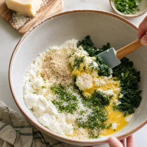 Mistura de espinafres, ricotta, Parmigiano, ovos, salsa e noz-moscada