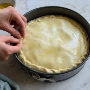 Cobrir a Torta Pasqualina com massa e fechar bem as bordas