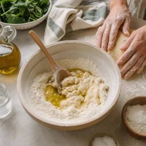 Mistura de farinha, azeite e água morna para a massa da Torta Pasqualina