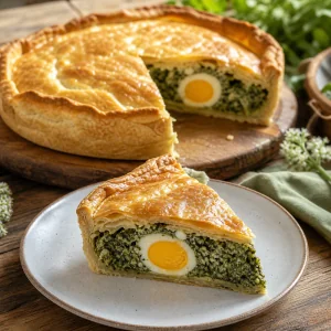 Fatia de Torta Pasqualina com espinafres, ricotta e ovo inteiro assado