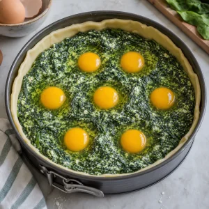 Recheio de espinafres e ricotta com seis ovos inteiros nas cavidades