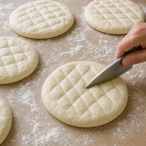 Flattened lepinja dough disks being pressed with a diamond pattern.