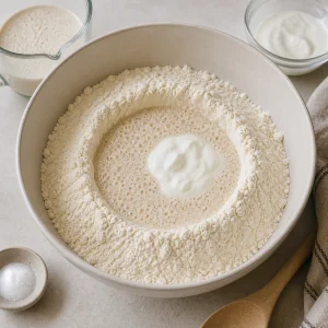 Flour and salt with a well filled with yeast mixture and yogurt in a mixing bowl.