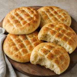Freshly baked traditional Bosnian lepinja flatbreads with golden diamond-patterned crusts.
