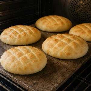 Lepinja flatbreads puffing and turning light golden on a hot baking stone.