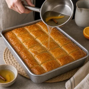 Cold citrus syrup is poured over the hot baked galaktoboureko to soak in.