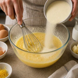 Eggs and sugar are whisked pale while fine semolina is added.