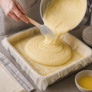 Semolina custard is poured over the phyllo and smoothed in the pan.
