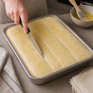 Top phyllo layers are buttered and scored into rectangles before baking.