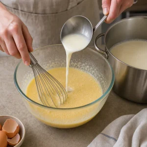 Warm milk is ladled into the egg semolina mixture while whisking to temper it.