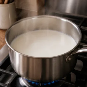 Whole milk warms in a saucepan until steaming for the semolina custard.