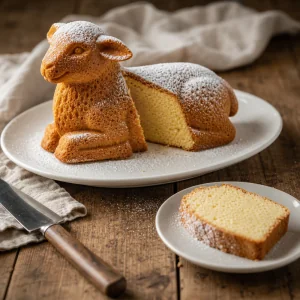 Sliced Easter lamb pound cake served on a white plate