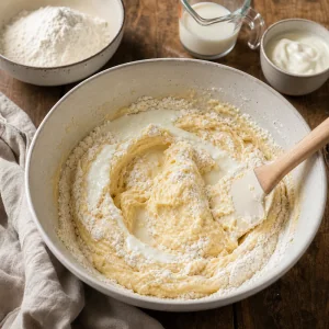 Thick cake batter folded with milk and sour cream