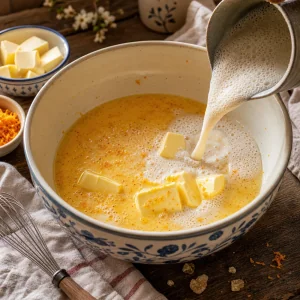 Lait levuré mousseux et beurre ajoutés au mélange d’œufs doré