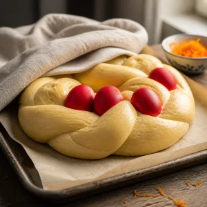 Tsoureki tressé gonflé en levée sur une plaque avec papier cuisson