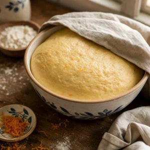 Pâte de tsoureki levée dans un bol huilé sous un linge