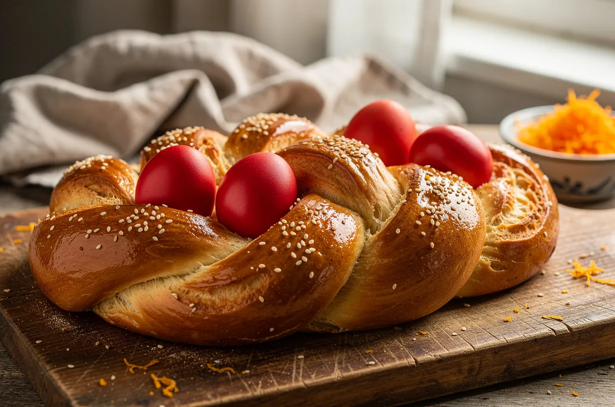 Traditional Greek Tsoureki Easter Sweet Braided Bread