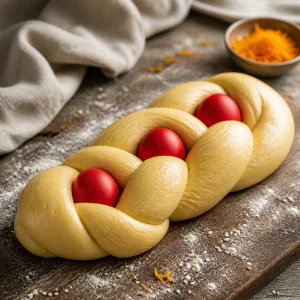 Tresse de tsoureki crue avec des œufs rouges nichés dans la pâte