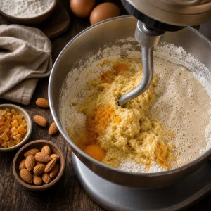 Colomba-Teig mit Orangenschale in der Kuechenmaschine