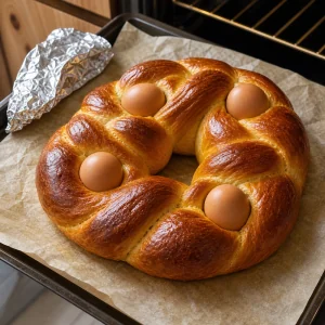 Goldene Colomba backt auf einem Ofenblech